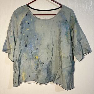 Blue Unique Short Sleeve Boxy Funky Top 100% Viscose Watercolor Artsy Silky S